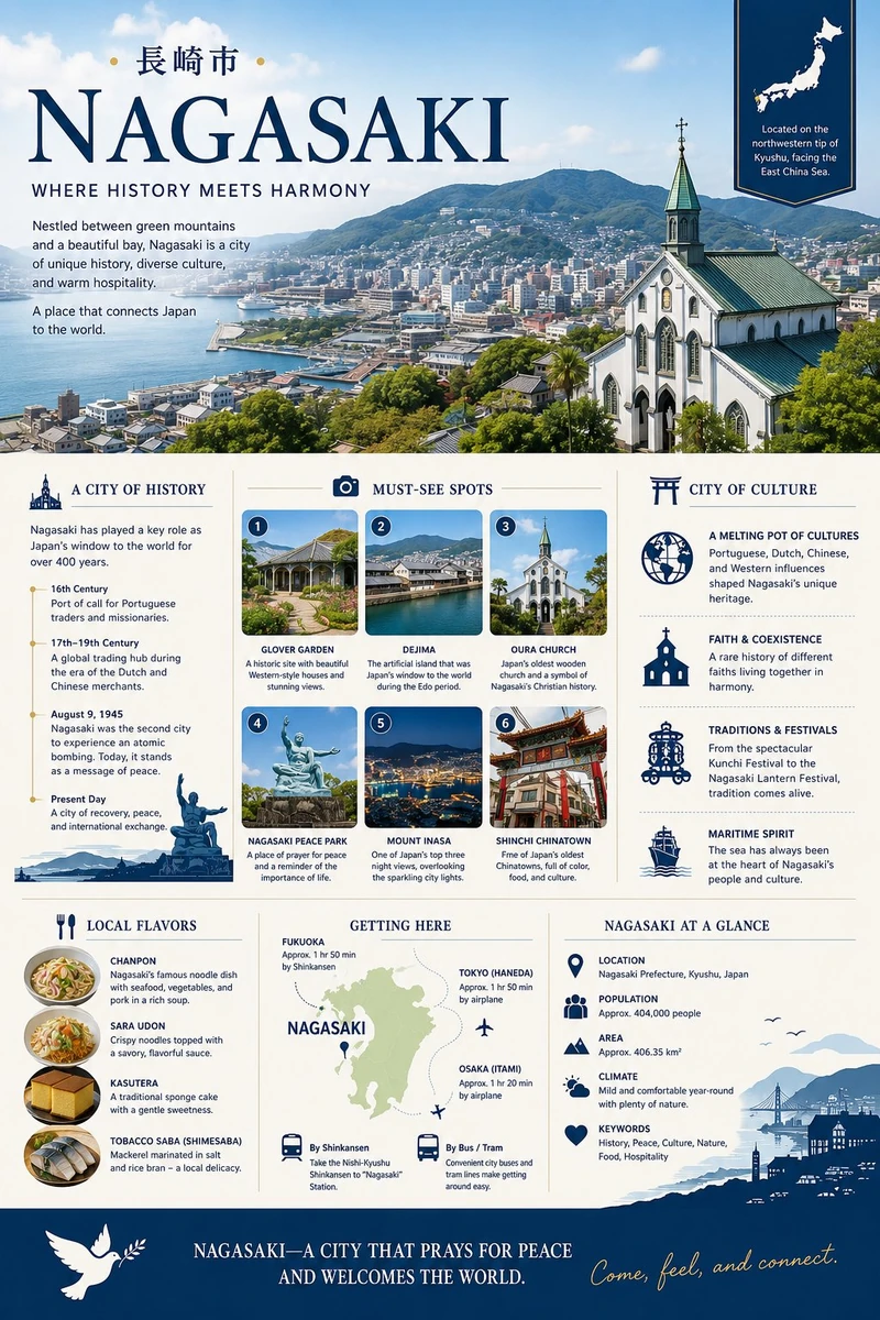 A highly detailed Japanese tourism infographic poster for the city of Nag...