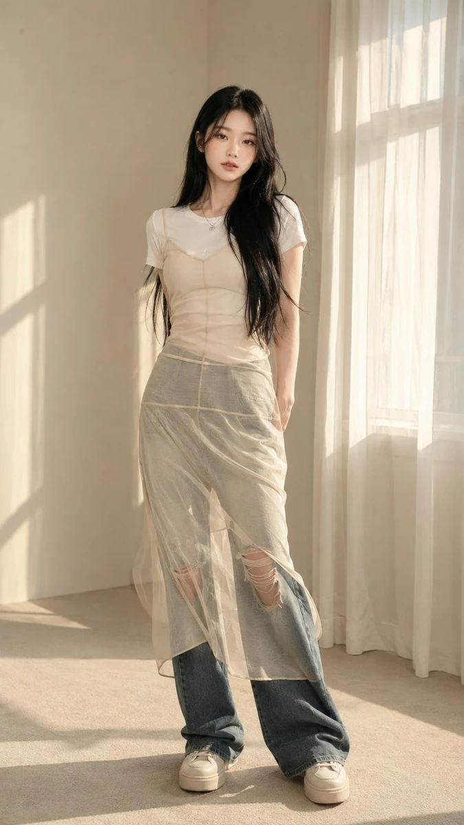 A polished photorealistic vertical full-body fashion portrait of an adult...