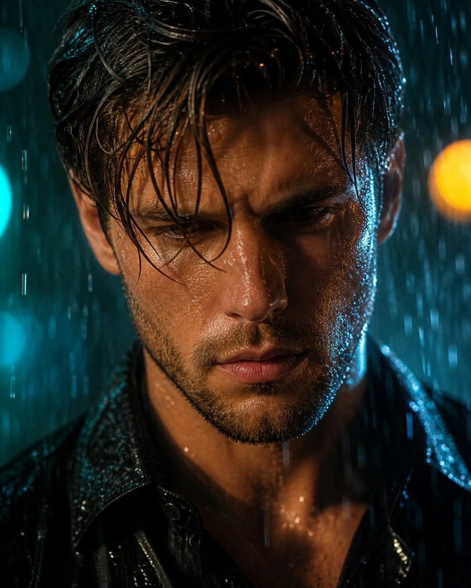 A hyper-realistic cinematic close-up portrait of a rugged young man stand...