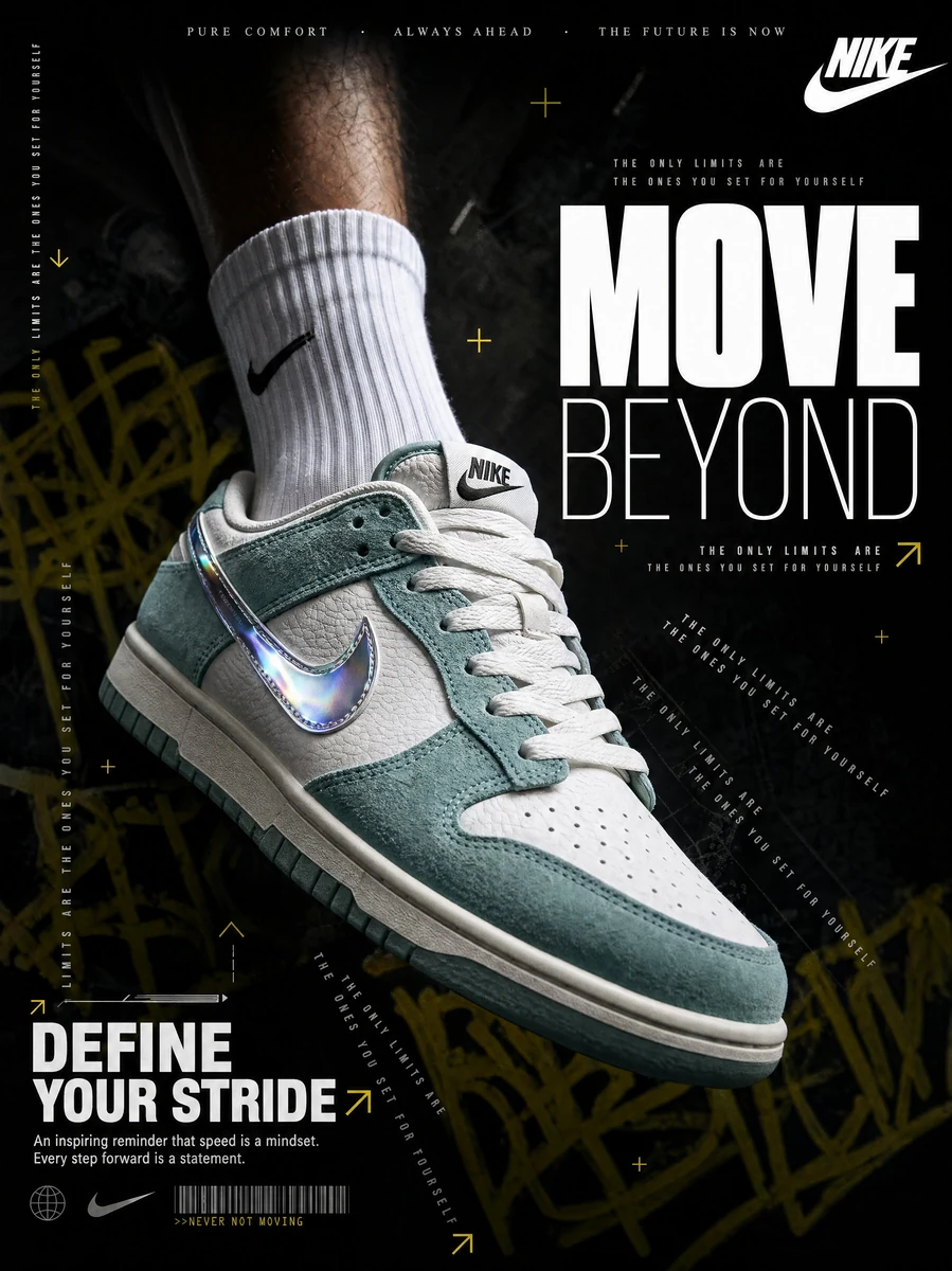 A hyperrealistic Nike sneaker advertisement shot in a dark, moody editori...