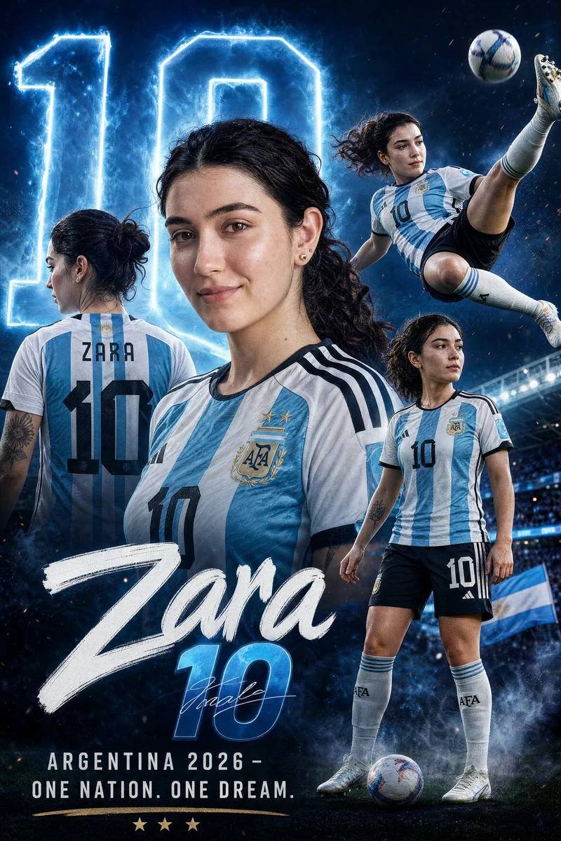 Ultra-realistic cinematic football poster of her wearing the Argentina na...