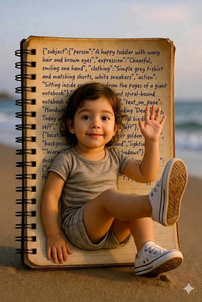 A hyper-realistic photo of a happy toddler with wavy hair and brown eyes...