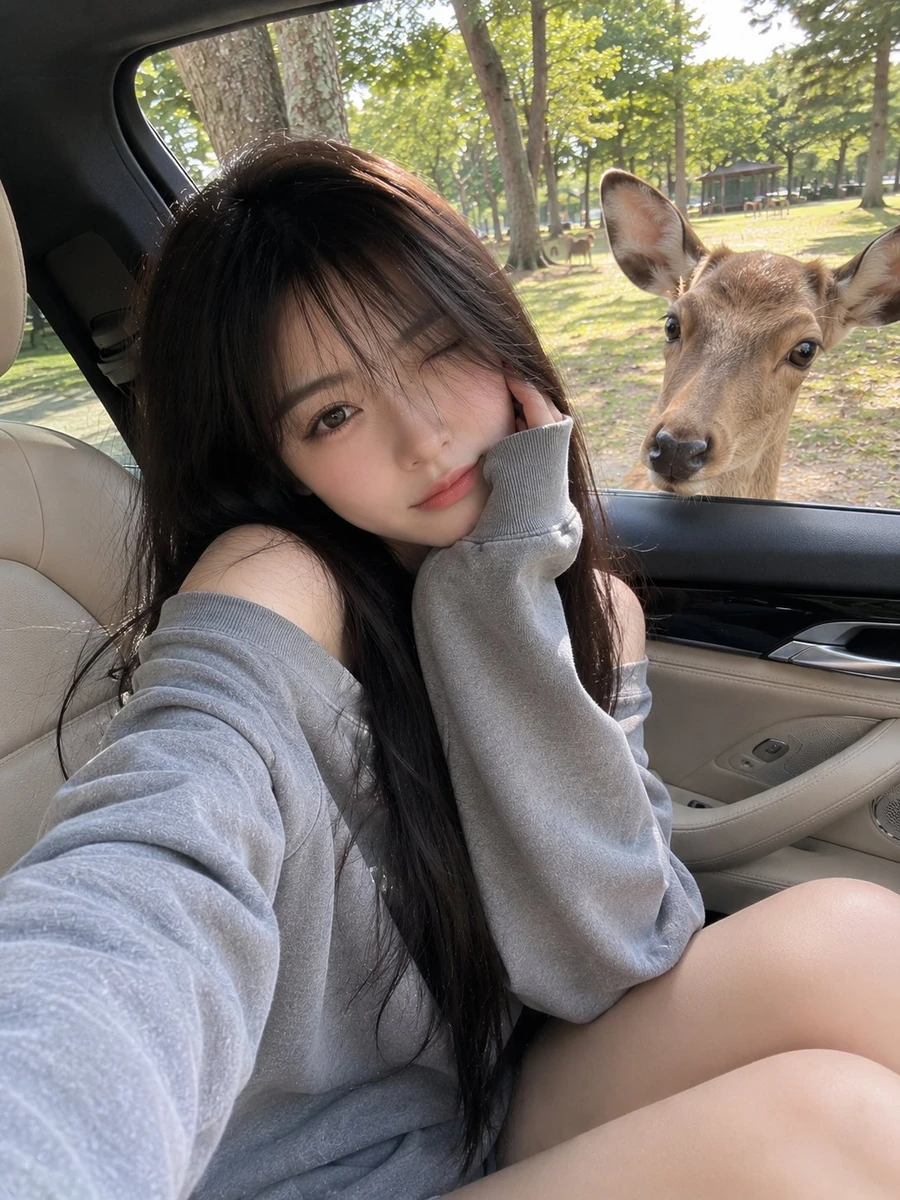 Young Japanese girl with long silky black hair and soft wispy bangs, sitt...