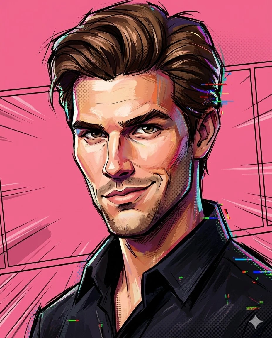 A painterly exaggerated cartoon portrait combining sculpted 3D anatomy wi...