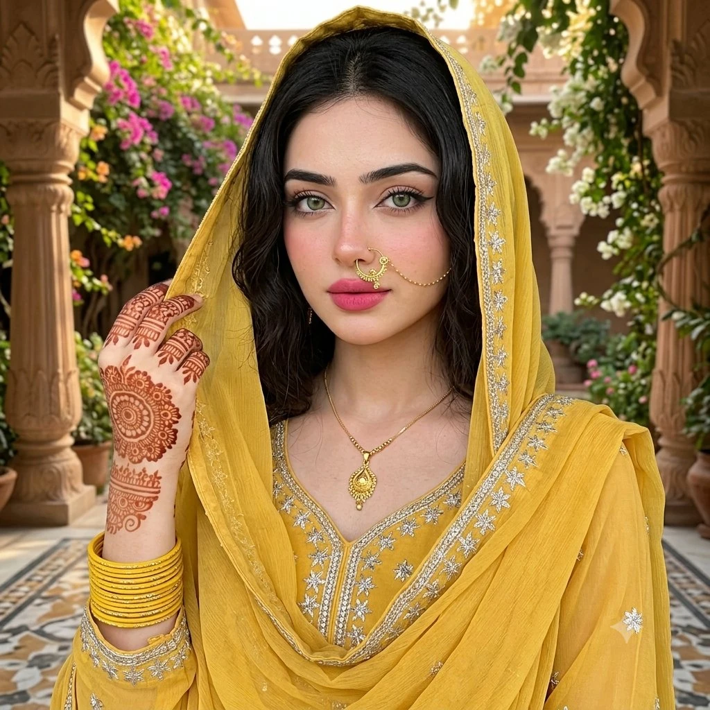 Close-up portrait of a South Asian woman in traditional yellow chiffon su...
