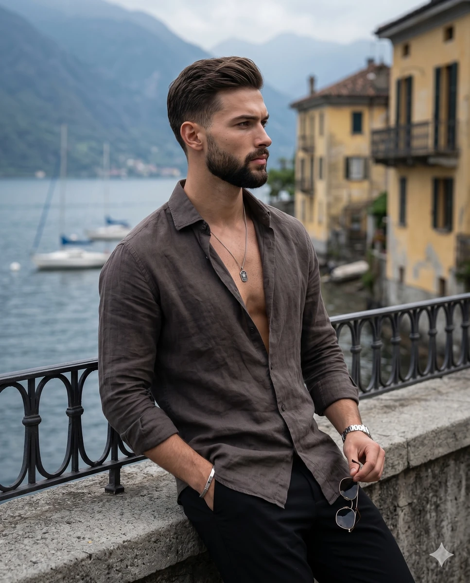 A ruggedly handsome man stands in profile, leaning back slightly with rel...