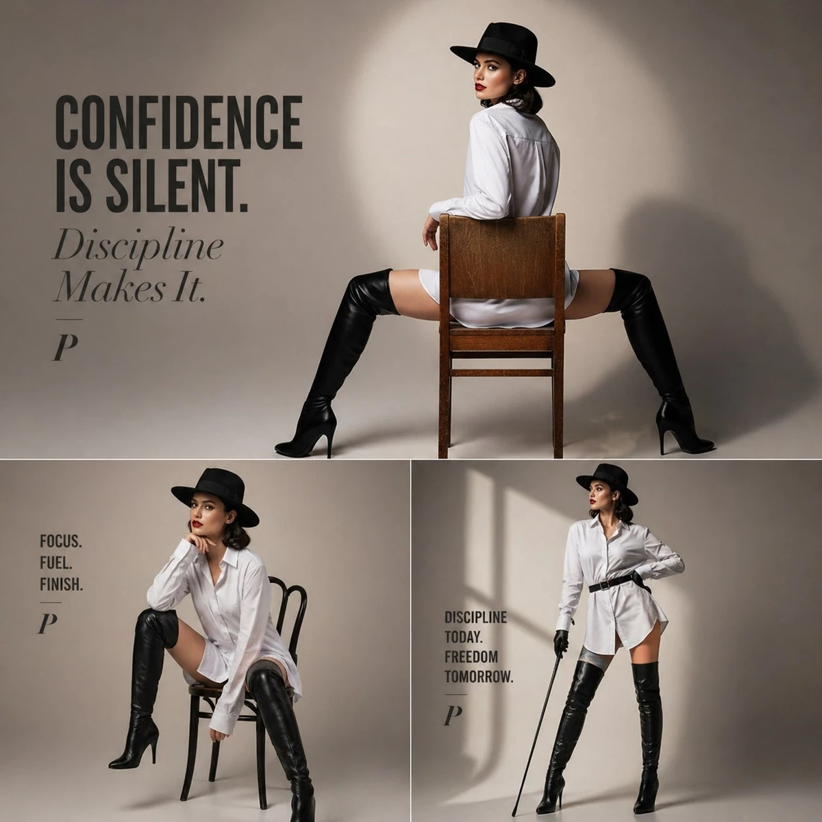 Luxury high-fashion editorial collage, minimalist studio background with...
