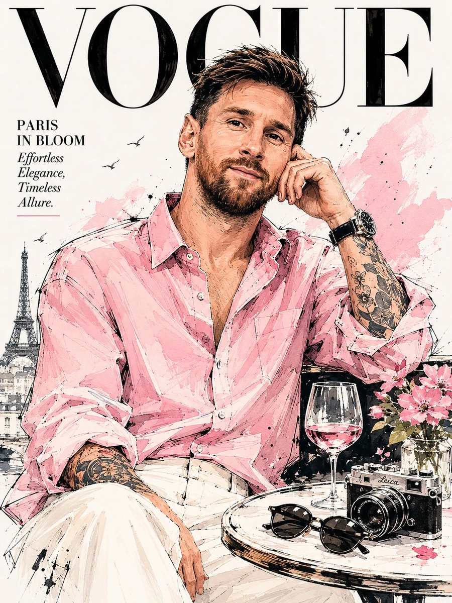 Vogue magazine cover in elegant watercolor fashion illustration style, fe...