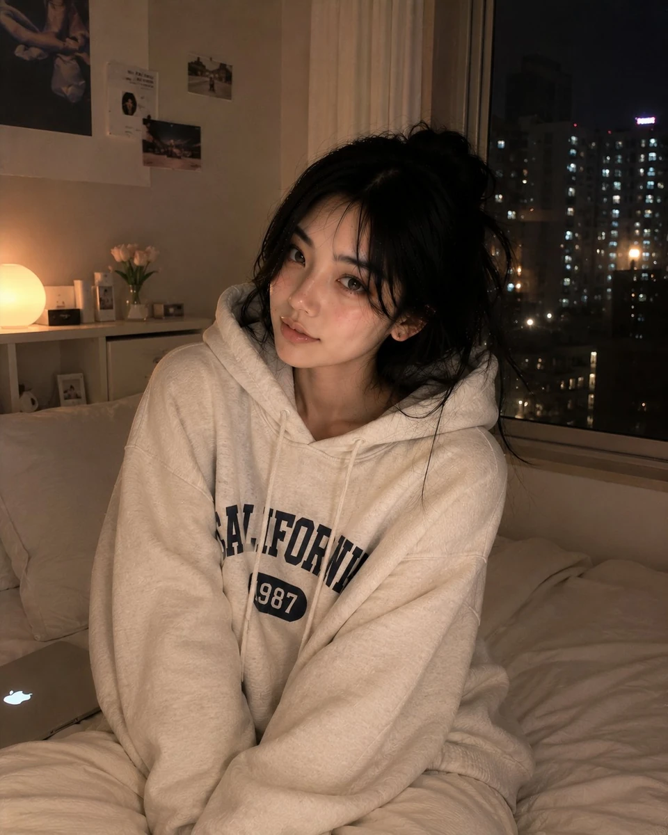 Ultra-realistic cozy bedroom portrait of a beautiful Korean woman relaxin...