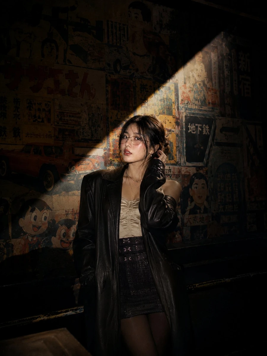 Cinematic nighttime portrait of a stylish young Asian woman standing on a...
