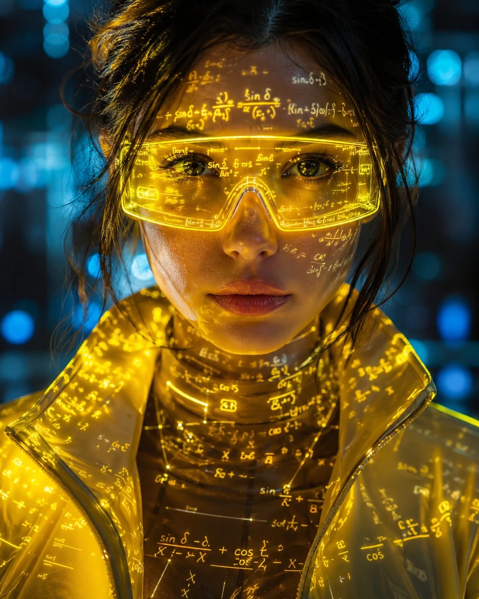 A futuristic cyber-aesthetic portrait of a young woman wearing glowing ne...