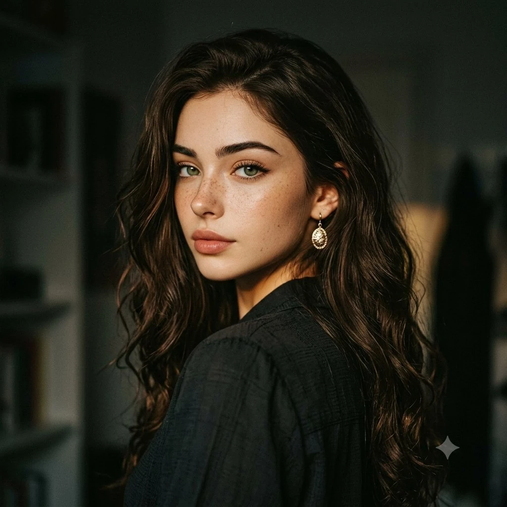 A young beautiful woman captured in a cinematic over-the-shoulder portrai...