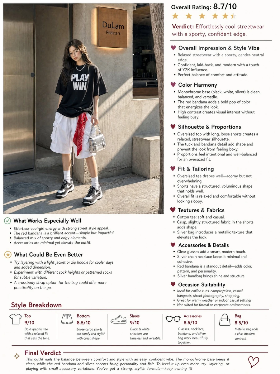 Analyze the outfit in this image in a detailed and nuanced way. Describe...