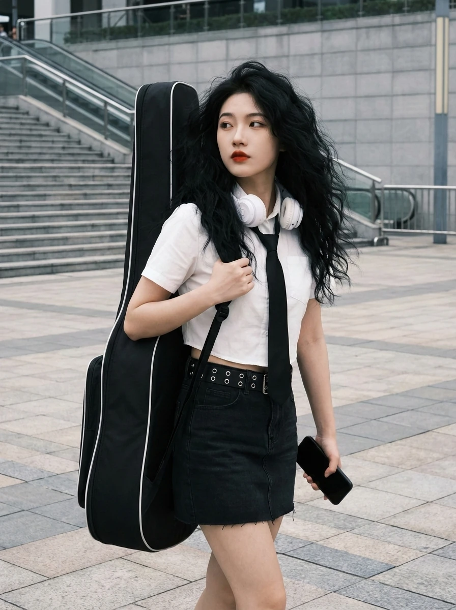 Young Asian woman, fair skin, distinct red lipstick.",