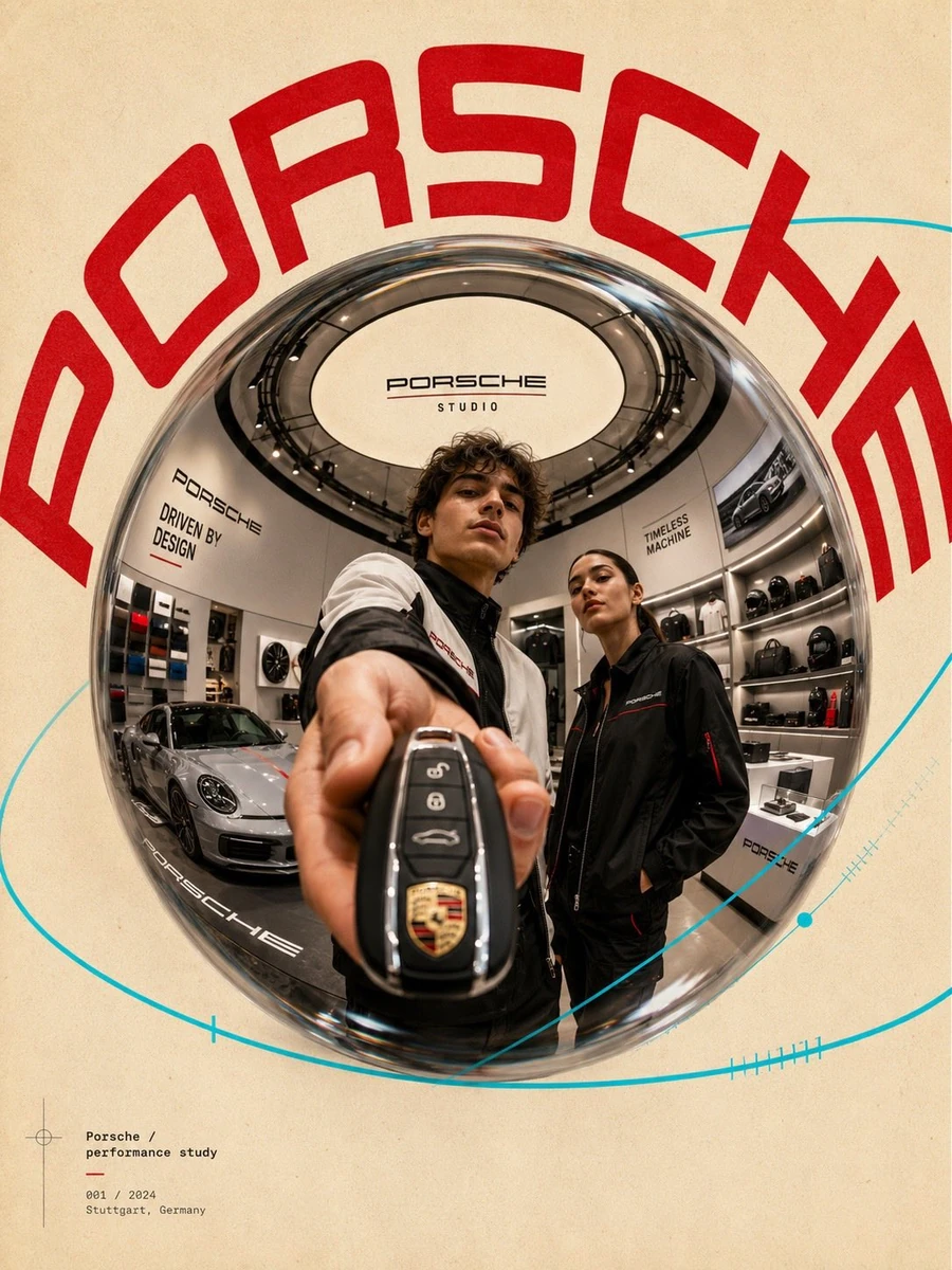 Ultra-stylized futuristic brand campaign poster inside a premium flagship...