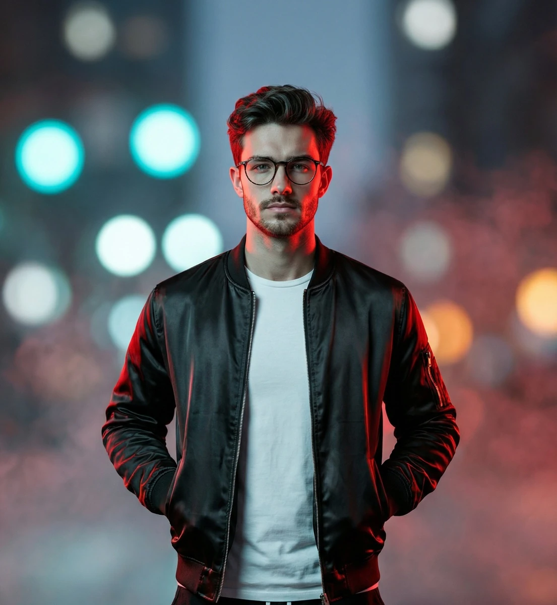 Cinematic medium shot of a male figure featuring uploaded face as