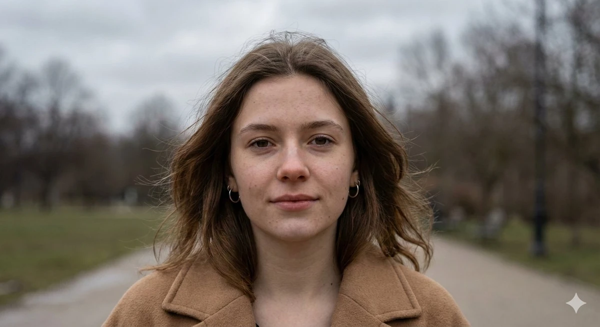 A hyper-realistic portrait of a Gen Z woman outdoors on an overcast morni...