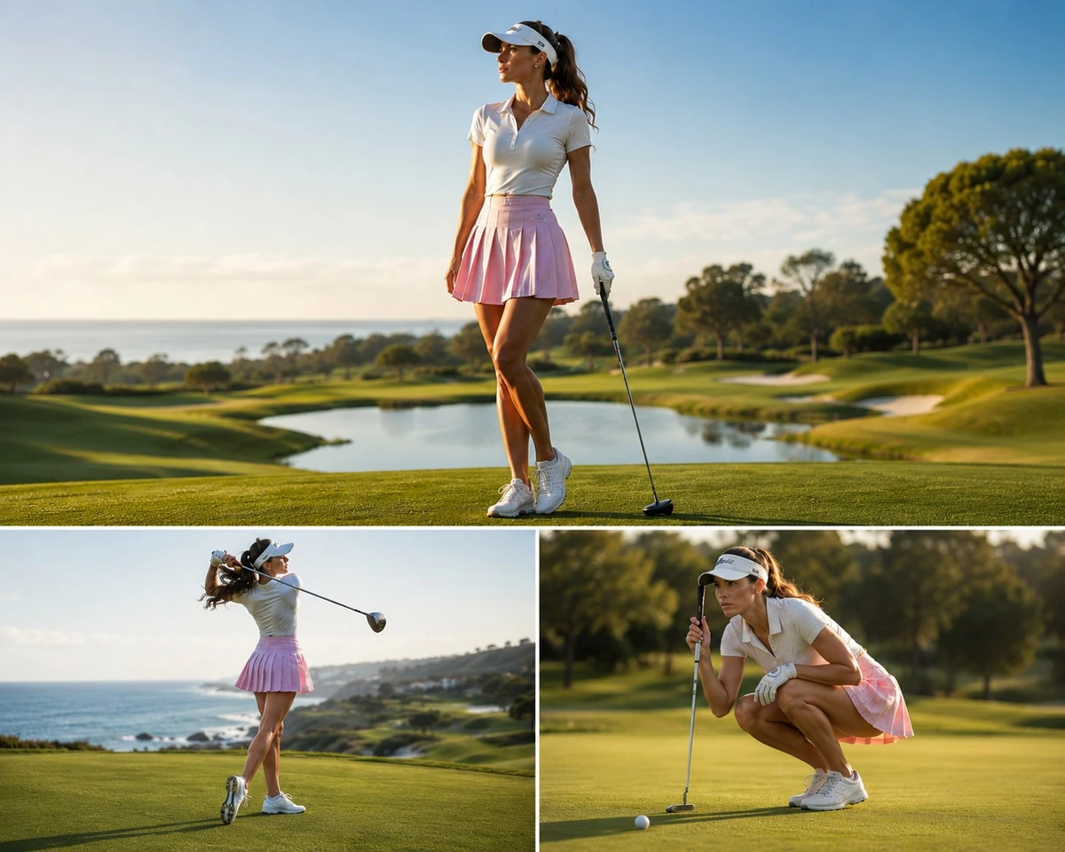Luxury sports editorial collage of a stylish female golfer on a premium g...