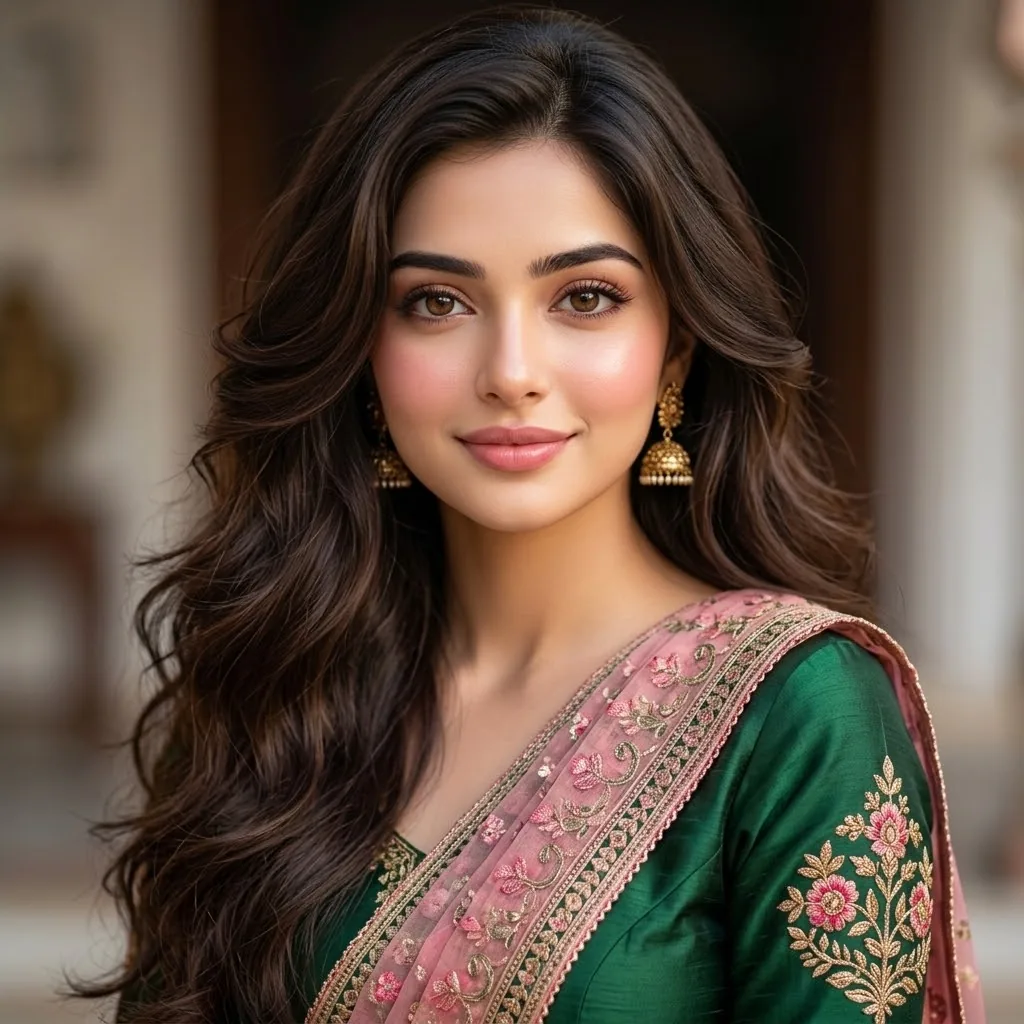 A high-quality, close-up portrait of a beautiful South Asian woman with l...