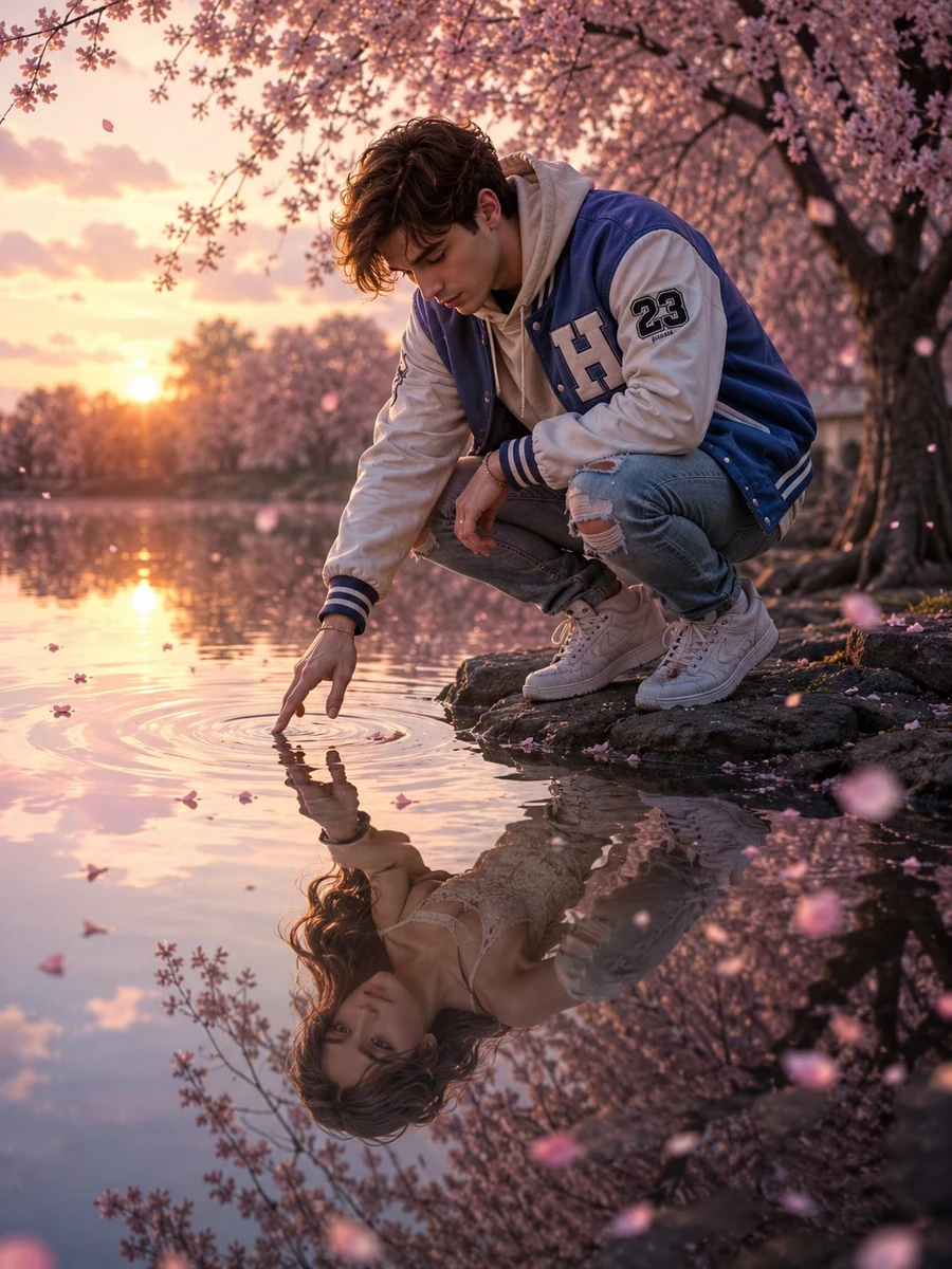 young stylish man crouching beside a calm lake at sunset, touching the wa...