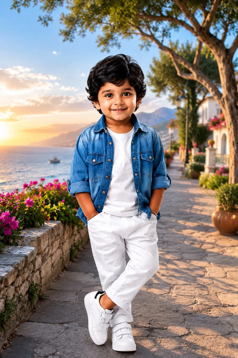 Ultra-realistic full-body portrait of a cute little boy with fluffy wavy...