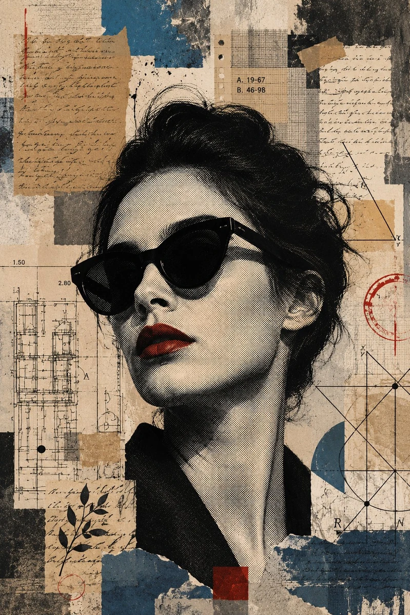 Mixed-media editorial collage with a large centered black-and-white halft...