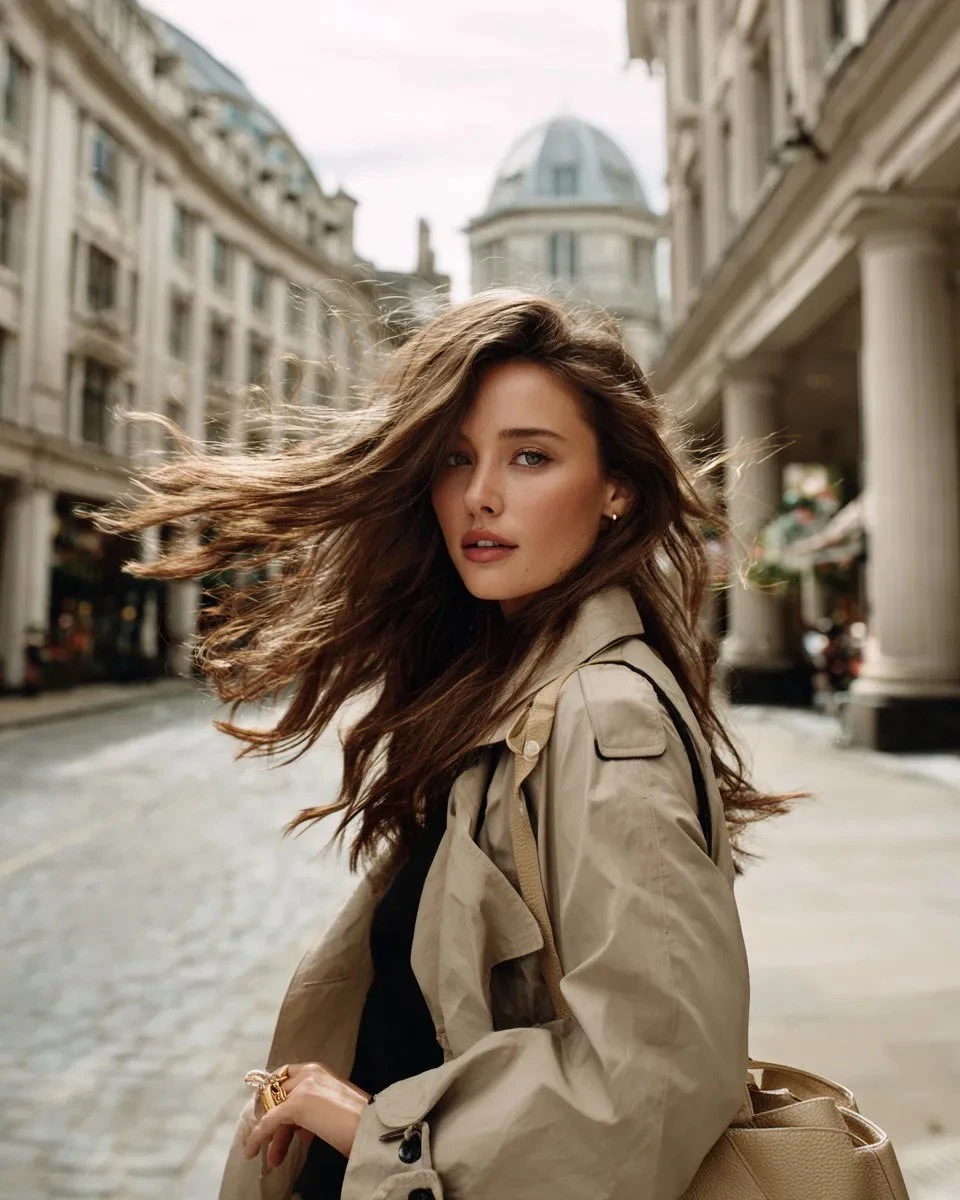 Cinematic street portrait of a young woman in a beige trench coat walking...