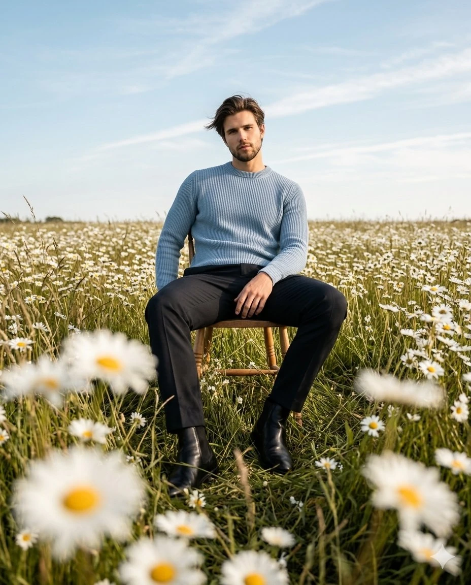 Low-angle cinematic editorial portrait of an adult man sitting on a simpl...