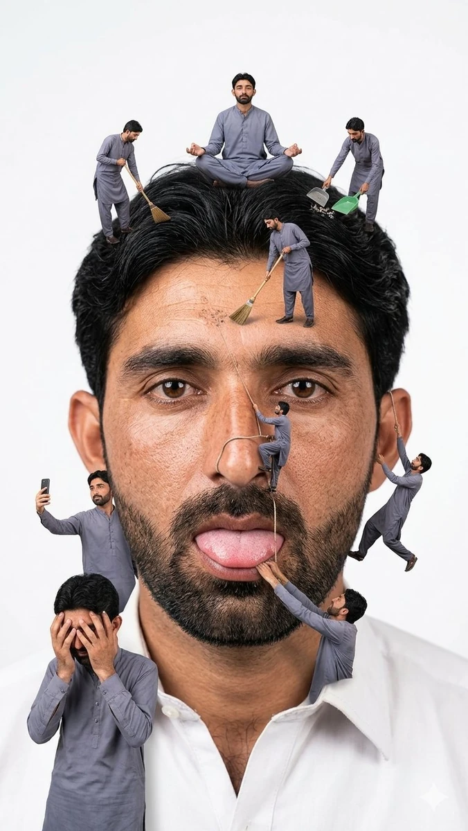 Ultra-realistic surreal conceptual portrait of a handsome bearded man fac...
