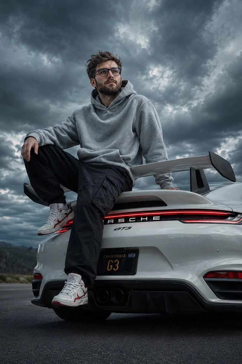 Ultra-realistic cinematic portrait of a young man sitting casually on the...
