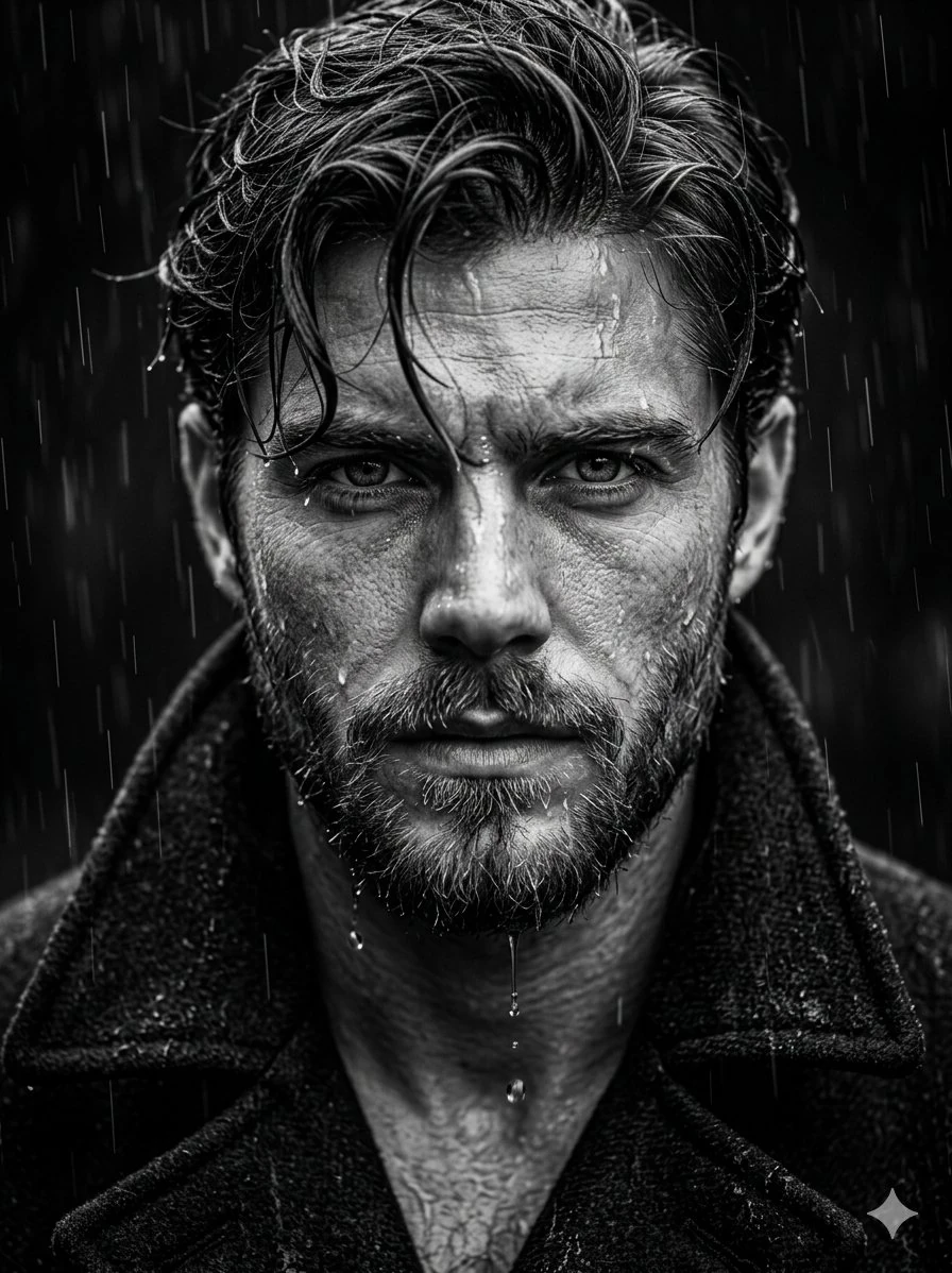 Ultra-realistic black and white portrait of a rugged man standing in heav...
