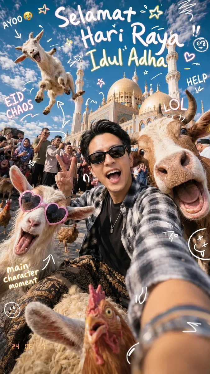 Ultra-realistic super cute chaotic Eid al-Adha selfie photograph in front...