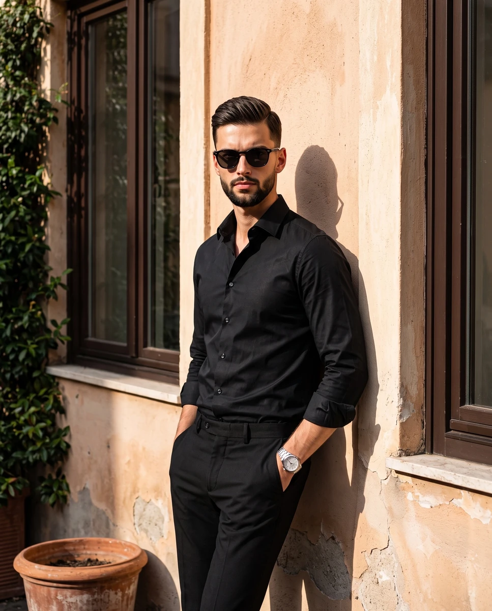 A young male adult stands centered in the frame, exuding a serious, confi...