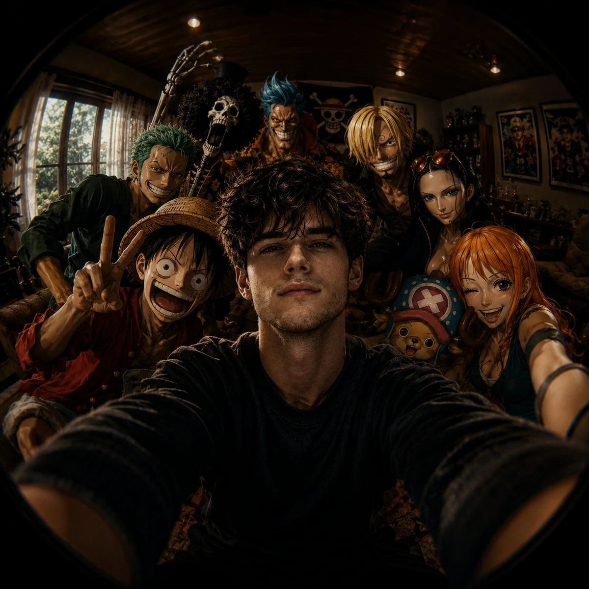 Ultra-wide fisheye selfie shot, anime crossover group selfie inside a coz...