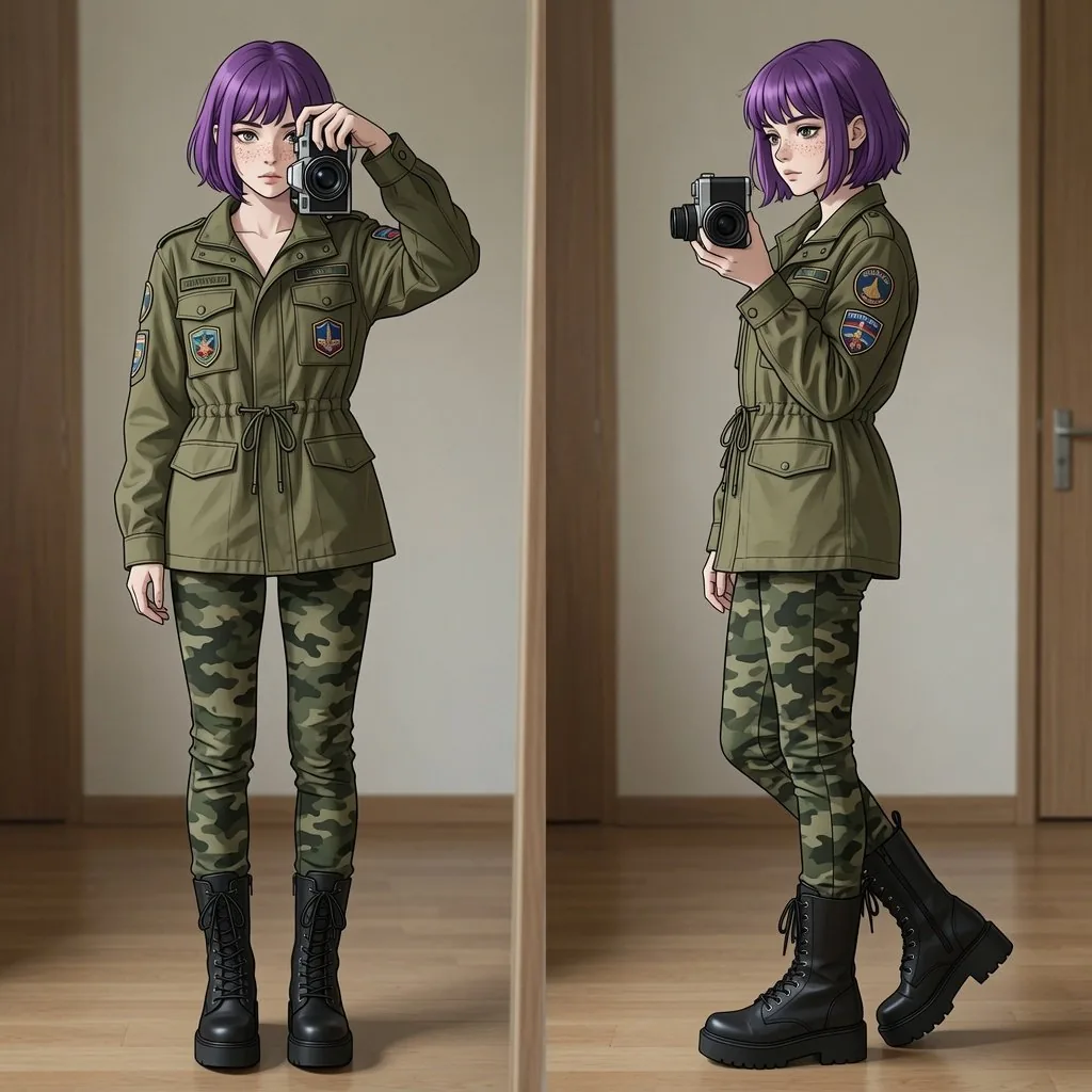 A side-by-side mirror selfie portrait in a minimalistic anime style, fea...