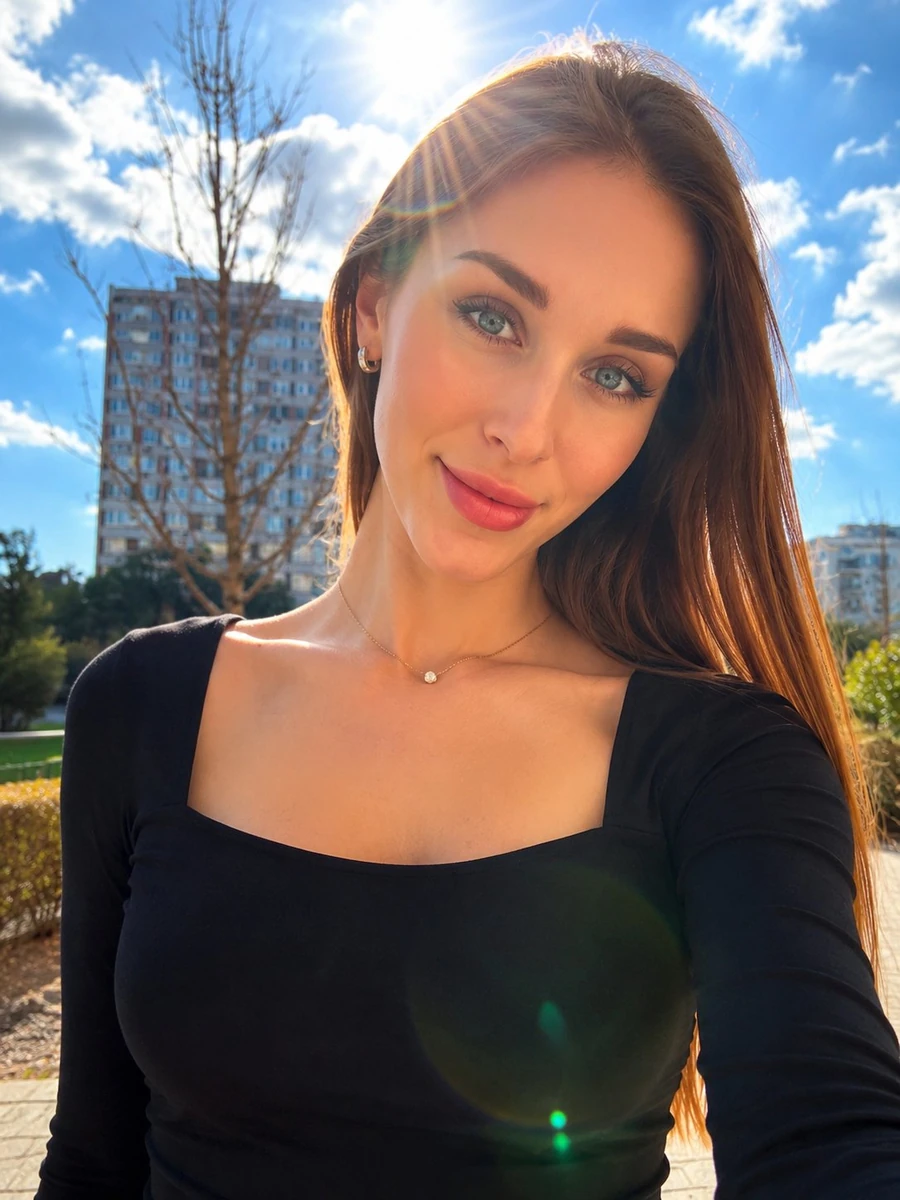 A stunning, ultra-photorealistic outdoor selfie of a beautiful young woma...