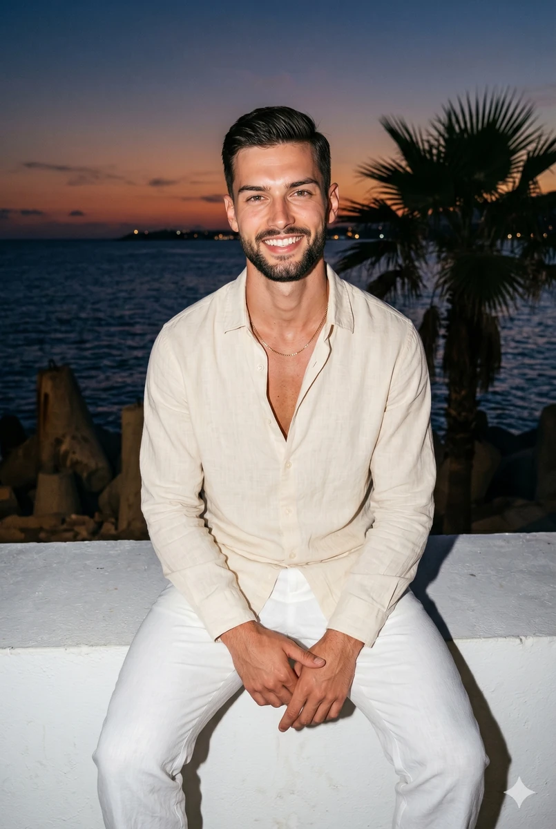 A centered medium portrait of a young adult male with warm tan skin sitti...