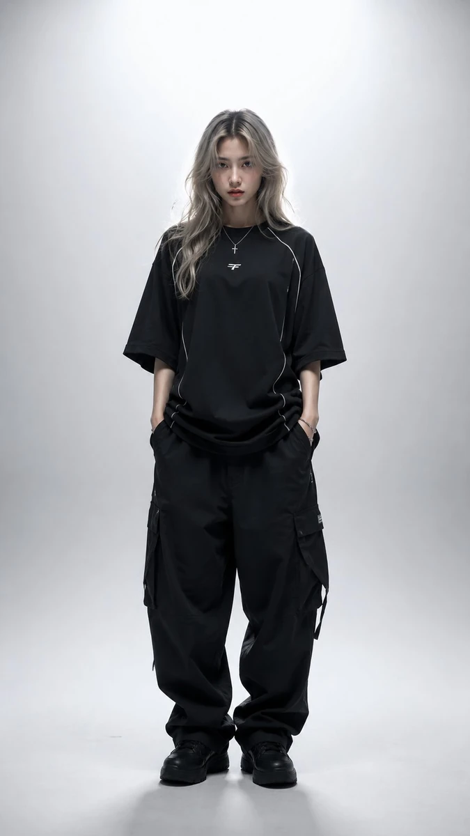 Ultra-realistic high-fashion editorial studio portrait of a young woman s...