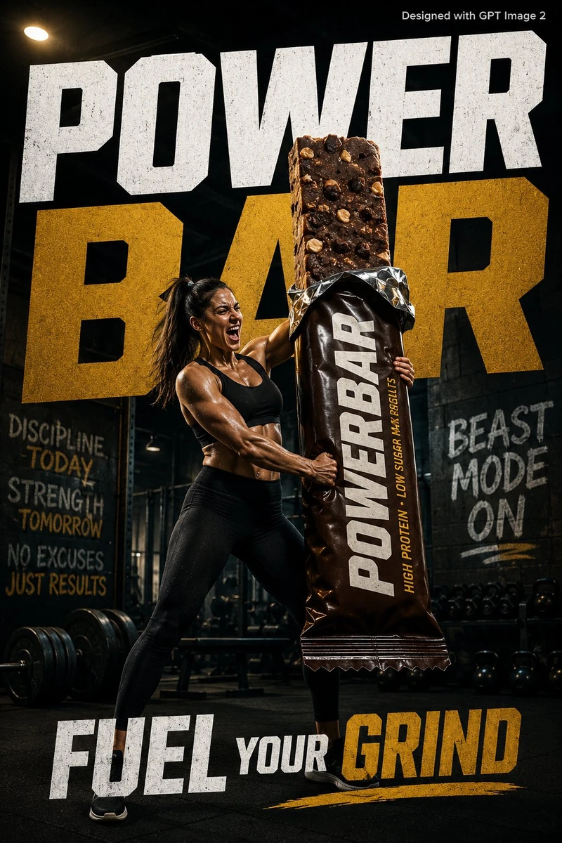 A bold fitness nutrition advertisement poster. A fit athletic woman in a...