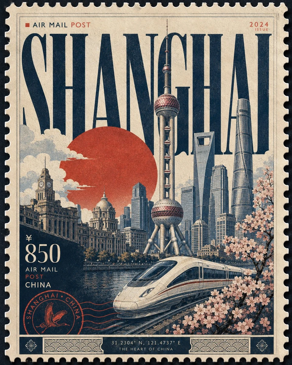 Vintage airmail postage stamp design, retro travel poster aesthetic, perf...