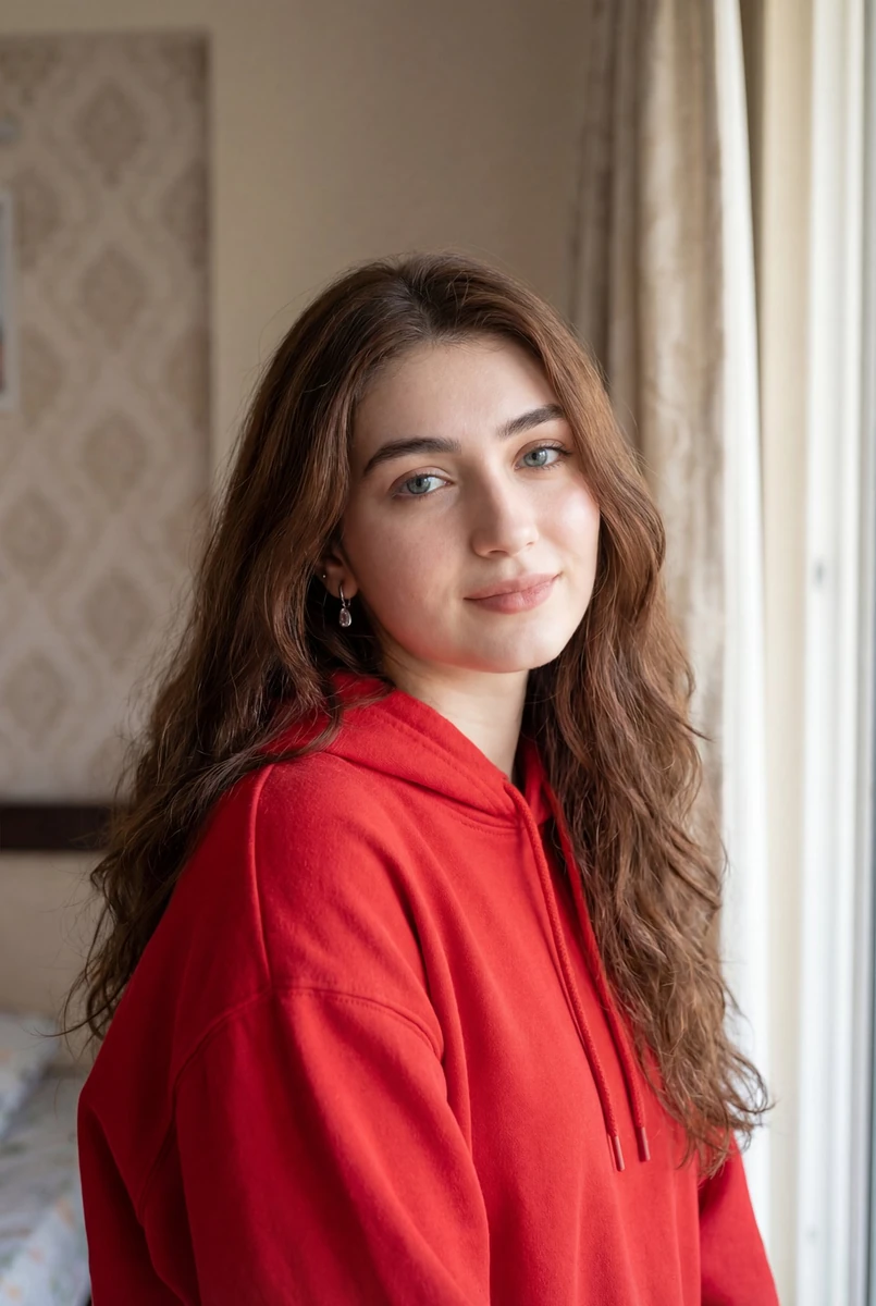Ultra-realistic natural light portrait of a young woman with long wavy ch...