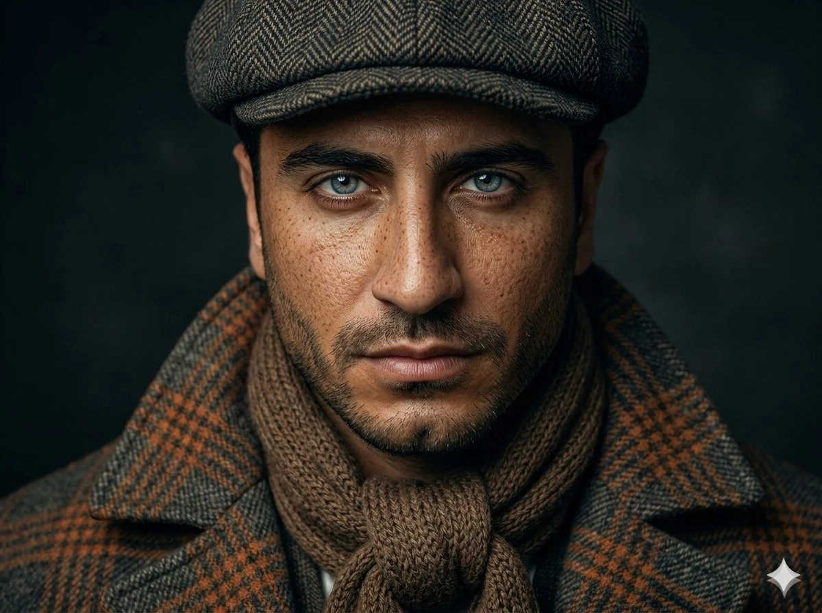 A hyper-realistic, cinematic portrait of a man with striking, pale blue e...