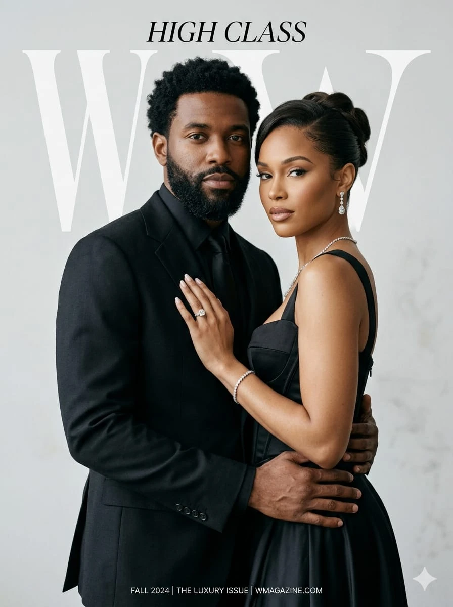 High-fashion editorial portrait of an elegant couple posing closely, man...