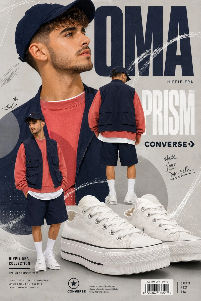 A premium fashion editorial advertising poster in a modern streetwear cam...