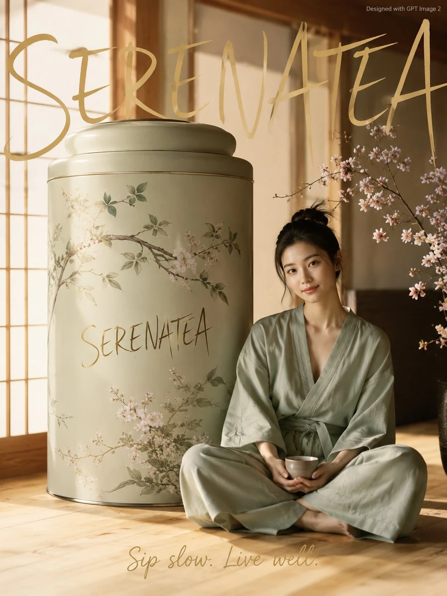 A calm wellness advertisement poster. A serene young woman in a soft sage...
