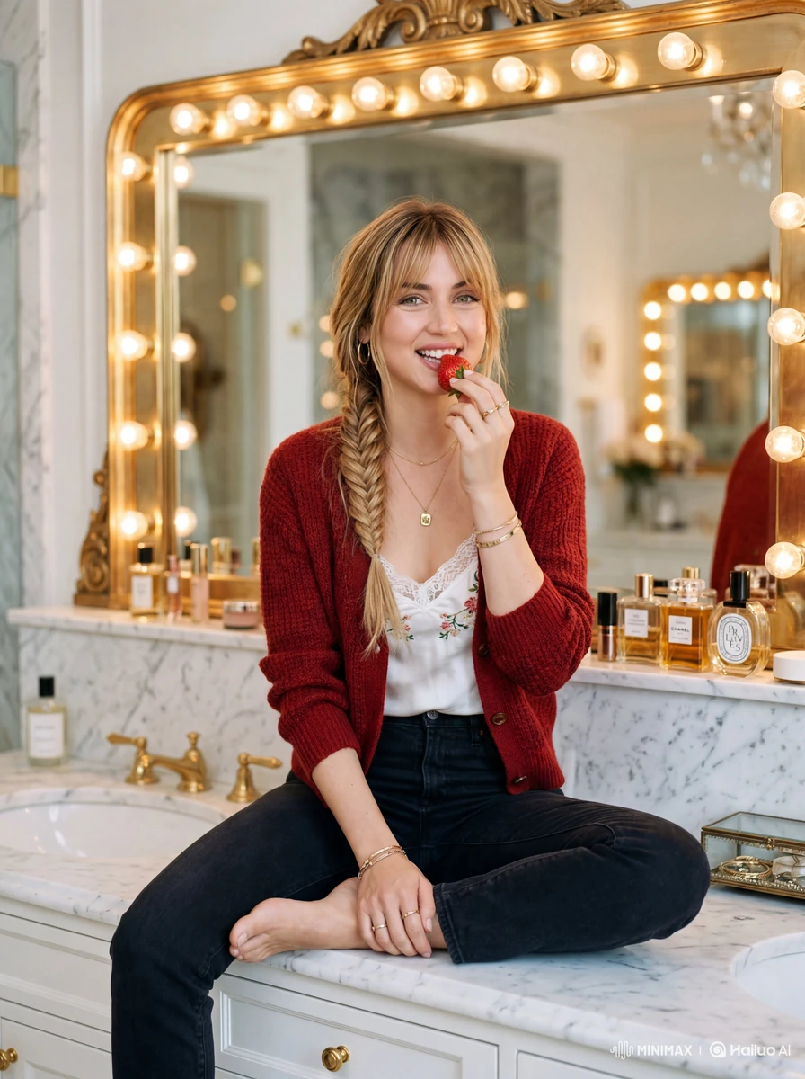 Ana De armas sitting on a luxurious white marble bathroom vanity, eating...