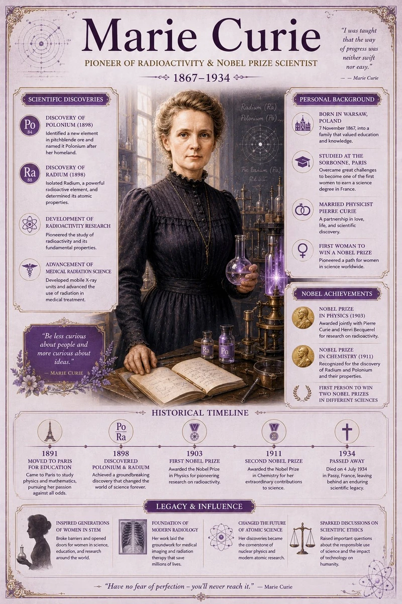 Premium Vintage Encyclopedia-Style Educational Infographic: Marie Curie’s...