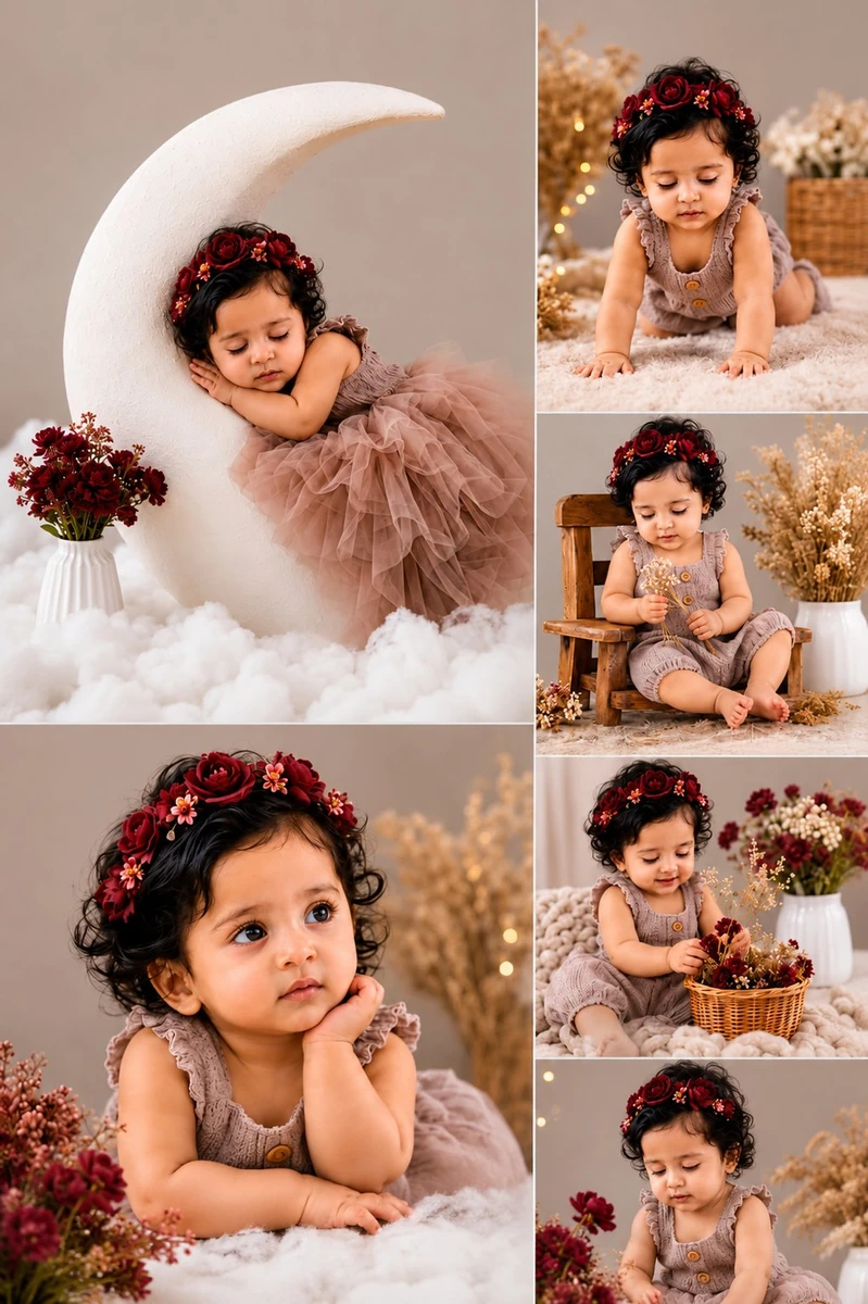 premium fine-art newborn/toddler photography collage featuring six elegan...