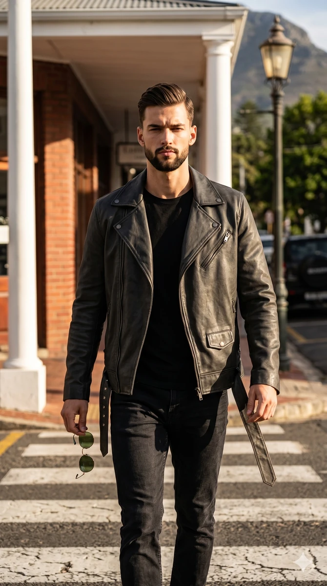 A tall, fit male model mid-stride, walking confidently directly towards t...