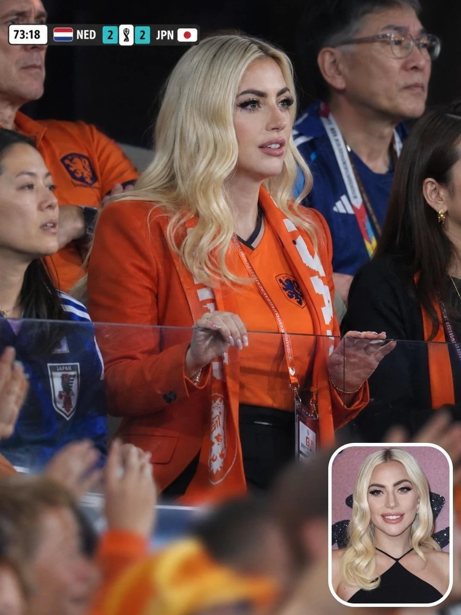 A photorealistic stadium crowd scene featuring a stylish blonde woman wea...